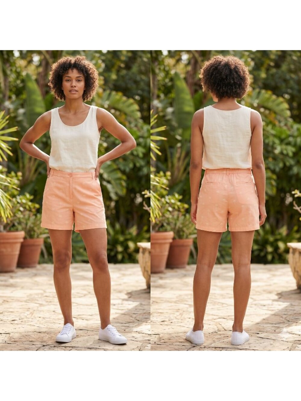 Caribbean Joe Shorts Womens 12 Orange Palm Tree Print Flat Front Chino Bermuda
